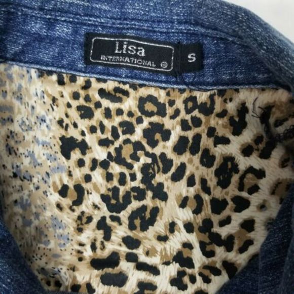 Lisa International Womens Small Denim Stretch Jacket Blue Jean Leopard Flip Cuff - Picture 11 of 12